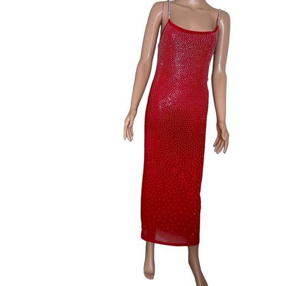 IRIS Maxi dress formal/semi formal rhinestone red/silver bodycon stretch NEW MD - Picture 3 of 13